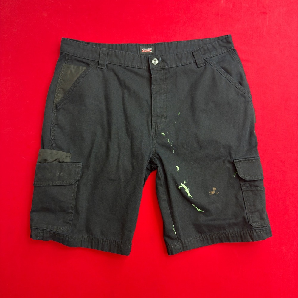 Genuine Dickies Mens Black Ripstop Cargo Shorts Paint Splatter Distressed 37W